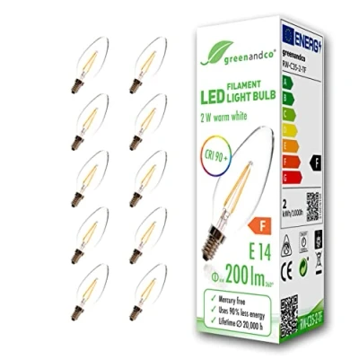 Afbeelding van Greenandco® CRI 90+ led gloeilamp, E14, 2 W (komt overeen met 20 W), 200 lm, 2700 K, warm wit, 360 graden, 230 V, glas, geen flikkeren, niet dimbaar, 10 stuks