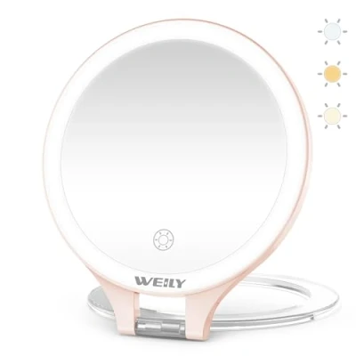 Afbeelding van WEILY Miroir de Maquillage Loupe 10X/1X, Voyage avec Lumière, Rechargeable Double Face 3 Couleurs Lumières pour Maquillage, Pince à épiler, Points Noirs et Come Done Retrait
