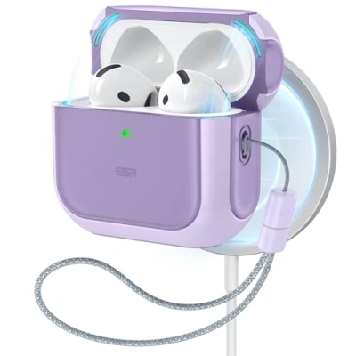 Afbeelding van ESR AirPods 4e generatie hoes, compatibel met 4 (2024) (USB C), MagSafe, valbescherming koord, hybride Orbit paars