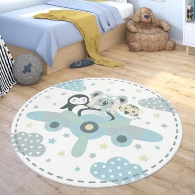 Afbeelding van Paco Home Vloerkleed Kinderkamer Rond Tapijt Vliegtuig Dieren Tijger Koala Beer Pinguïn 160 cm Rund