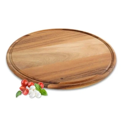 Afbeelding van Zassenhaus Pizzabord Ø 33 cm acaciahouten bord duurzaam geteeld ronde houten schaal met sapgroef pizzaplaat voor het serveren van pizza of