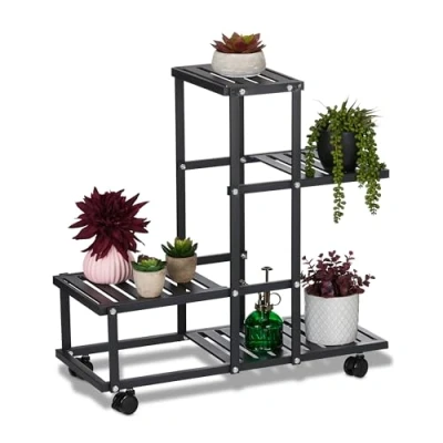 Afbeelding van Relaxdays plantenrek op wielen binnen planten etagère woonkamer plantentrap staal