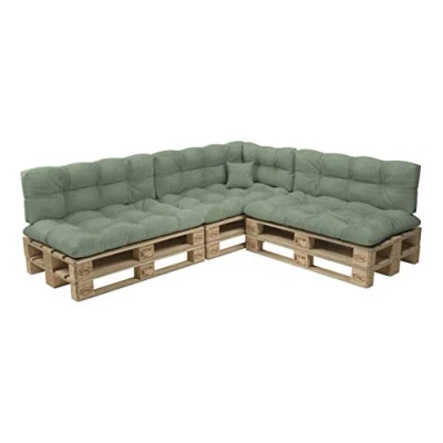 Afbeelding van Pokar Set van 8 kussens voor europallets, 3 zitplaatsen 120 x 80 cm + rugleuningen 40 1 zijkussen 60 sierkussen cm, pallets niet inbegrepen, groen