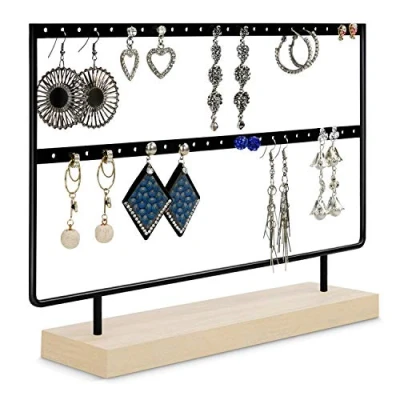 Afbeelding van Belle Vous Zwart Metalen Oorbellen Organizer Sieraden Display Standaard met Hout Basis 46 Gaten, 2 Lagen Hangende Oorbellen, Ketting en Knop Houder Rek Het Perfecte Cadeau voor Dames Meisjes