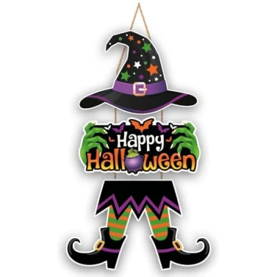 Afbeelding van Fiestas Guirca Houten happy Halloween deurbord heks 3 delen x cm Decoratie Versiering