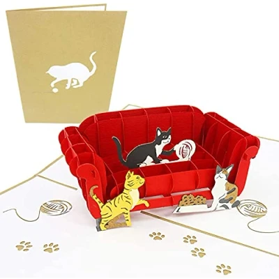 Afbeelding van PopLife 3D pop up wenskaart met katten die op de bank spelen voor kattenliefhebbers, lerarenkaart, grappige verjaardagskaart kitten, herstelkaart
