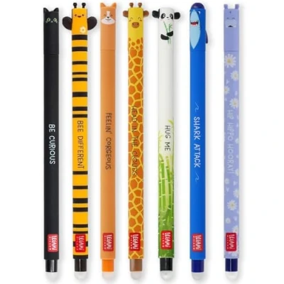 Afbeelding van LEGAMI 7 uitwisbare gelpennen met warmtegevoelige inkt, inktkleuren en vatmotieven, 0,7 mm punt, katten , bijen corgi giraf, panda, haai, nijlpaard