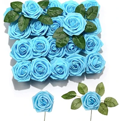 Afbeelding van PIQIUQIU 25 stuks kunstrozen van schuimrubber, kunstbloemen, voor bruiloften, woondecoratie, koningsblauw