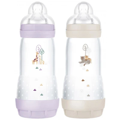 Afbeelding van Set van 2 Babyflessen MAM Easy Start Antikoliek 320 ml Flow 3 speen Lila + Zand