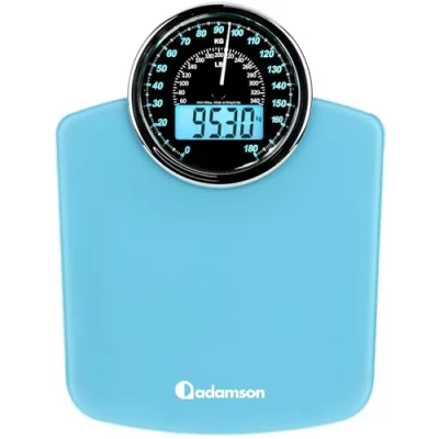 Afbeelding van Adamson 2 in 1 hybride + digitale en analoge personenweegschaal tot 180 kg groot display met achtergrondverlichting robuust gehard glas eenvoudig aflezen nieuw 2024 lichtblauw