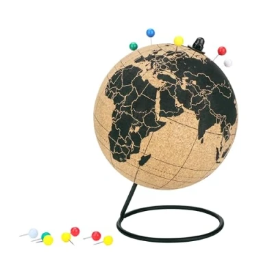 Afbeelding van EXERZ 14 cm wereldbol van natuurlijk kurk, 12 punaises inbegrepen, reiskaart uit de onderwijswereld. Pin en markeer avonturen, onvergetelijke plaatsen, vakantieplannen (natuurkurk)