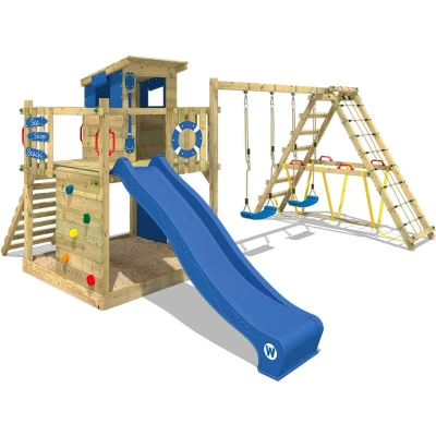 Afbeelding van WICKEY Slimme speelplaats van hout met schommel en blauwe glijbaan, klimtoren voor kinderen zandbak, ladder speelaccessoires de tuin.