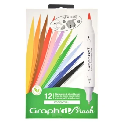 Afbeelding van GRAPH&#039;IT Brush Marker set van 12 alcoholmarkers met dubbele punt voor manga tekenen en illustratie, extra fijne penseel, Essential