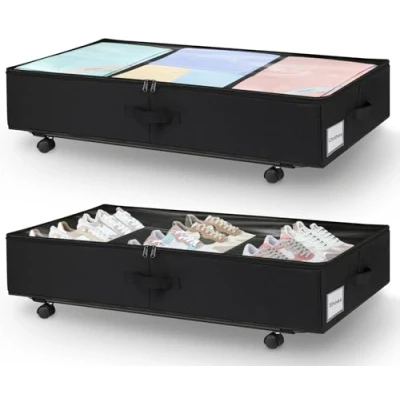 Afbeelding van JUPELI Opvouwbare opbergdozen met wielen, 2 stuks, 50 liter, metalen vloerhouder, grote opbergdoos voor dekbedden, kleding