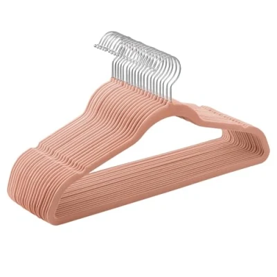 Afbeelding van SONGMICS 20 stuks fluwelen kleerhangers voor volwassenen, lengte 41,5 cm, dun, groot draagvermogen, met 360 draaibare haken, jassen, overhemden, lichtroze en zilver CRF026R20