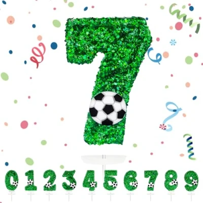 Afbeelding van Verjaardagskaarsen, cijfer 7, groene 3D voetbalkaarsen, taartdecoratie, voor meisjes en jongens