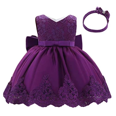 Afbeelding van Lito Angels Bruidsmeisjesjurk met hoofdband voor baby&#039;s, meisjes, kanten jurk ceremonie, bruiloft, maat 3 18 maanden, 426, Donker Paars