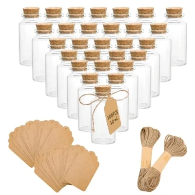 Afbeelding van 100 stuks mini glazen flessen met kurksluiting, 10 ml, etiketten en koord om te knutselen, decoratie, bruiloftsfeest