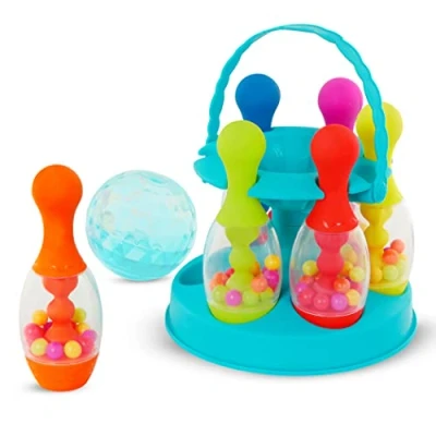 Afbeelding van B. toys Kegelspel voor kinderen, kleurrijke bowlingset met lichtgevende bal, springkralen en opslag, speelgoed binnen buiten vanaf 2 jaar