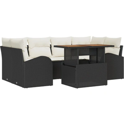Afbeelding van vidaXL 7 delige Tuin Eetset met Kussens Zwart Poly Rattan Acacia