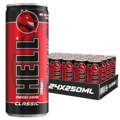 Afbeelding van HELL Energy Drink Classic Flavour 24 x 250 ml cafeïne 32 mg/100 bevat vitamine B2 B3 B5 B6 B12 zonder conserveringsmiddelen veganistisch vermindert vermoeidheid en stimuleert energie