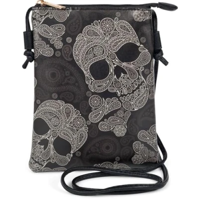 Afbeelding van styleBREAKER 02012365 Mini schoudertas voor dames met kasjmier print en doodshoofd, Zwart Wit