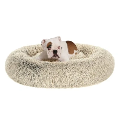 Afbeelding van Feandrea Hondenbed rond in donutvorm, zetel, centraal kussen, afneembaar en wasbaar, zacht pluche, diameter 90 cm, kaki ombré PGW041S01