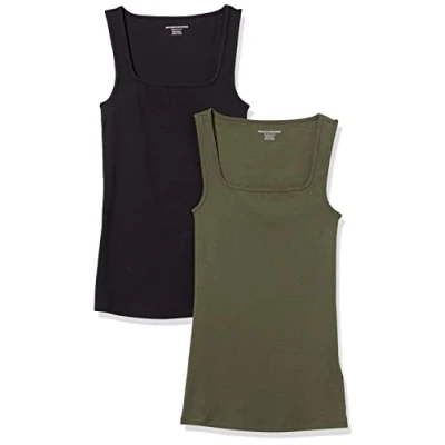 Image de Amazon Essentials Lot de 2 débardeurs à col carré pour femme, coupe ajustée, noir/olive foncé, taille XL