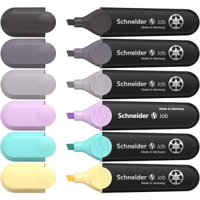 Afbeelding van Schneider Job 150 surligneurs pastel avec tons de gris (en plastique recyclé, récompensé par l&#039;ange bleu) étui 6 assortis, turquoise, lilas, vanille, taupe, mauve, ardoise
