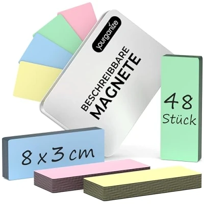 Afbeelding van YOURGANIZE® 48 magneetstrips beschrijfbaar 8 x 3 cm, 4 kleuren whiteboard magneten herbeschrijfbare voor koelkast, whiteboard, scrum en kanban board