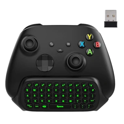 Afbeelding van MoKo Xbox Mini toetsenbord, 2,4 G draadloze ontvanger, met hoofdtelefoon, groene achtergrondverlichting, audiojack, compatibel One S/Xbox Elite, Series X/Series S, zwart