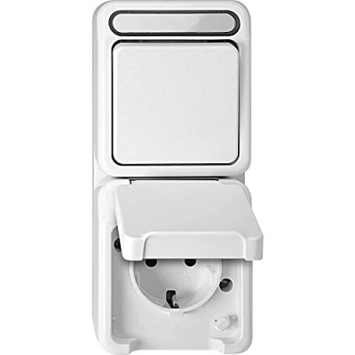 Afbeelding van Merten 4074998 AquaStar Compleet Schakel /stopcontact combinatie spatwaterdicht Polar wit 1 stuks