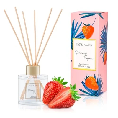 Afbeelding van 100 ml geurverspreider met 6 vezelstokjes, aardbeiengeurdiffuser set voor aromatherapie, luchtverfrissers thuis, slaapkamer, badkamer