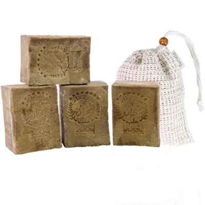 Afbeelding van TUMELO Originele Alep zeep, 4 x 200 g (800 g) 80% olijfolie, 20% laurierolie + zoutzak natuurlijke zeep vaste haarzeep / douchezeep