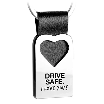 Afbeelding van FABACH Sleutelhanger in hartvorm met leren gravure voor auto opschrift &quot;Drive Safe I Love You&quot;, zwart, eenheidsmaat, sleutelhanger, zwart.,