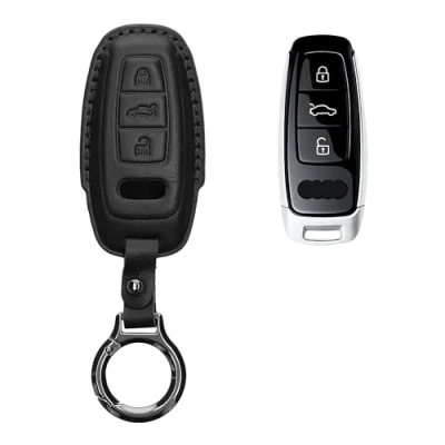 Afbeelding van kwmobile leren autosleutel hoesje geschikt voor Audi A6 A7 A8 Q7 Q8 3 knops Keyless Als sleutelhanger met sleutelring Echt leer in zwart