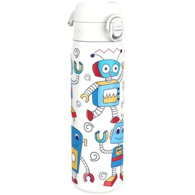 Afbeelding van ION8 Drinkfles van roestvrij staal, 600 ml, lekvrij, gemakkelijk te openen, veilige vergrendeling, vaatwasmachinebestendig, draaggreep, duurzaam, motief 3D robots