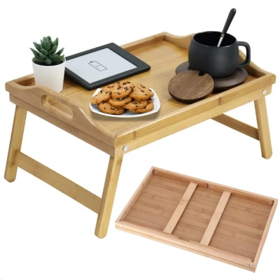 Afbeelding van Cheqo® Bamboe Dienblad Op Pootjes 50x30 Ontbijt Bed Ontbijttafel Bedtafel Laptoptafel Opvouwbaar en Duurzaam Inclusief EBOOK