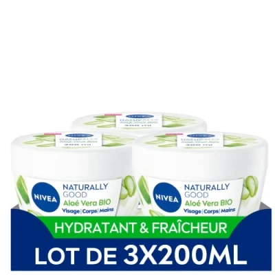 Afbeelding van NIVEA NATURALLY GOOD 3 in 1 multifunctionele vochtinbrengende crème (3 x 200 ml), dagcrème verrijkt met biologische aloë vera, lichaamscrème, gezicht en handen, 24 uur hydratatie