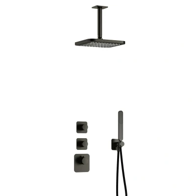 Afbeelding van Hotbath Gal Regendoucheset IBS40 Geborsteld Gunmetal PVD Staaf Handdouche 22cm Hoofddouche 15cm Plafondbuis met wandhouder