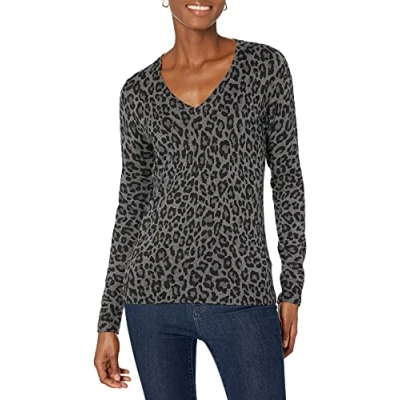 Image de Amazon Essentials Chandail léger à manches longues et col en V pour femme (disponible grande taille), imprimé léopard gris chiné, taille XL