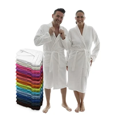 Afbeelding van LEBENGOOD Uniseks badjas voor dames en heren, 100% katoen, Amerikaanse badstof, 400 g, met riem, zakken, douche, zachte badjas, handdoek, Wit.