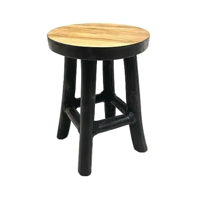 Afbeelding van Spetebo Ronde teakkruk 22 x 17 cm, zwart, middelgroot, met 4 poten, echt hout, decoratie voor planten en bloemen