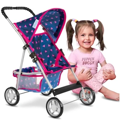 Afbeelding van Kinderplay KP0280T Poppenkinderwagen Poppenbuggy, modern, speelgoedmand, kap en harnas