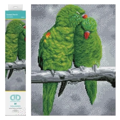 Afbeelding van Full Diamond Painting Volwassenen Hobby Volledig Pakket Vierkante Steentjes DQ8.011 Dotz® Groene verliefde papegaaien 41 x 31cm