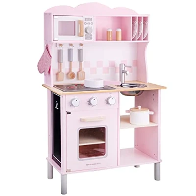 Afbeelding van New Classic Toys Houten Speelkeuken Roze Met Kookplaat die Licht geeft en Kook Geluid maakt Krijtbord aan de zijkant