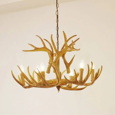 Afbeelding van Hanglamp Lindby Fibi, bruin, staal, gewei, Ø 80 cm