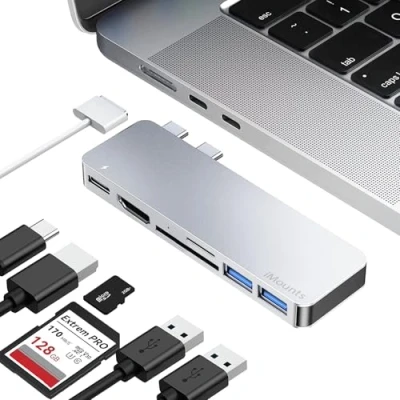 Afbeelding van iMounts MacBook Air M2/M3 usb c hub Pro/Air HDMI USB3.0 SD reader Zilver