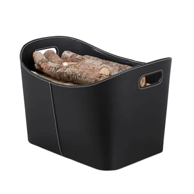 Afbeelding van Relaxdays 1x houtmand kunstleer haardhout mand zwart opbergmand haardmand
