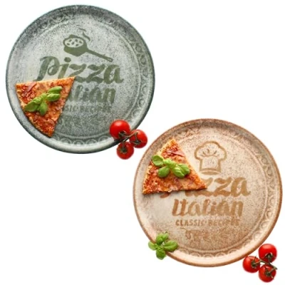 Afbeelding van MamboCat Set van 2 pizzaborden, crème en groen, Ø 33 cm, voor personen, grote pizzaborden porselein met decoratie spreuk, pizza of het serveren, serveerbord XL